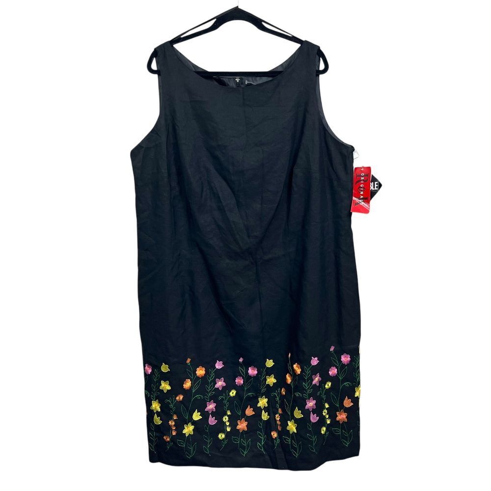 R&K Originals Women Linen Blend Shift Dress Floral Embroidered Hem Black Sz 22W*
